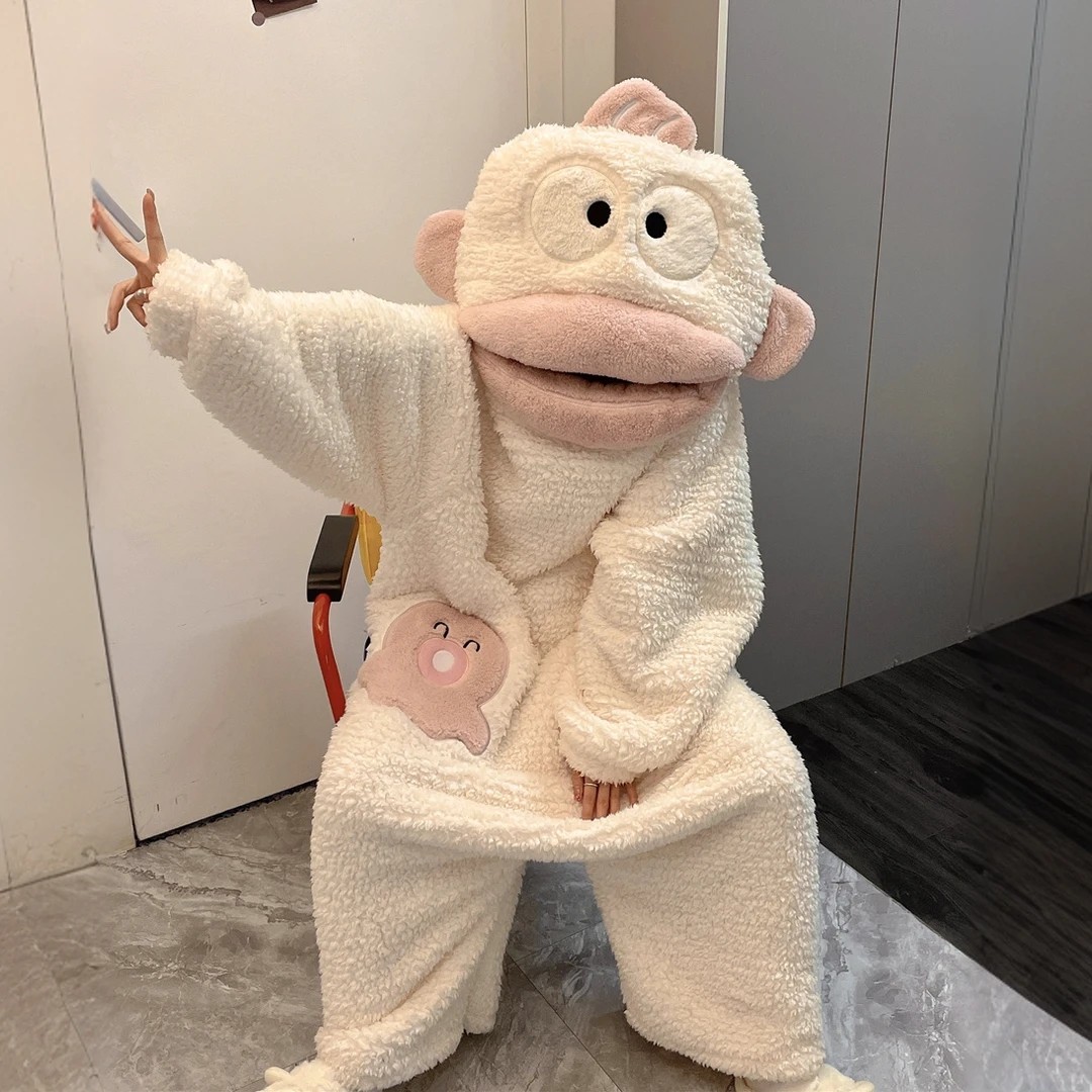 卡通搞怪白色汉顿丑鱼睡衣连体珊瑚绒秋冬季加厚保暖家居服可外穿