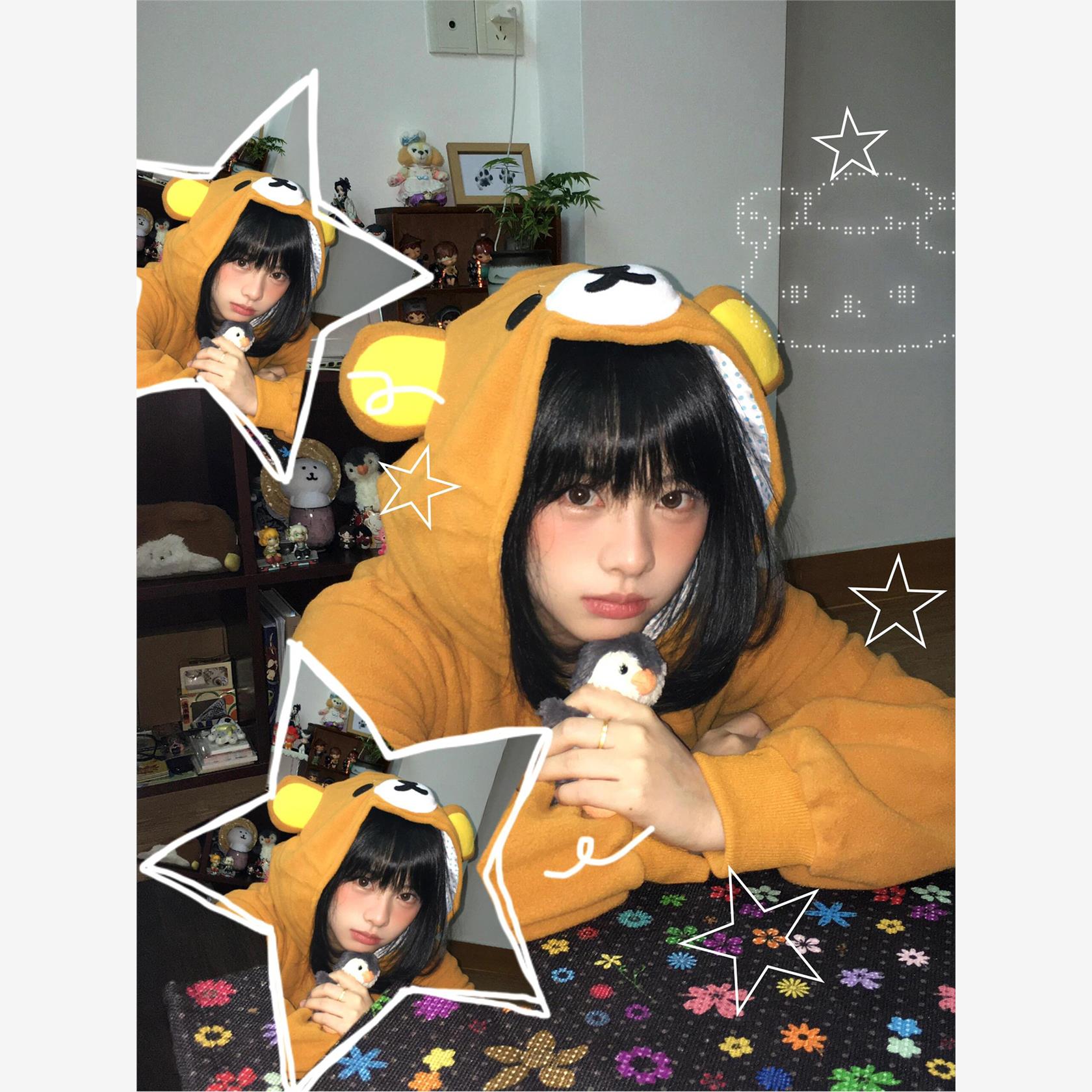 轻松熊连身睡衣女秋冬季珊瑚绒加厚加绒学生卡通搞怪男家居服套装