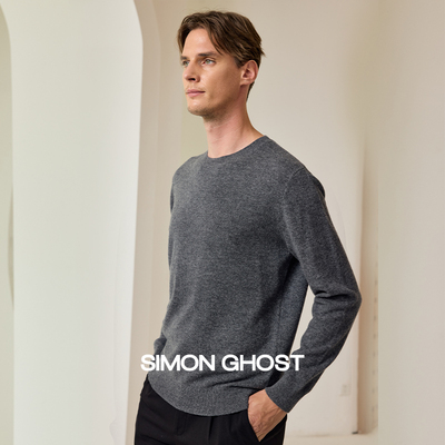 SIMON GHOST 男士羊毛衫秋季针织绵羊毛休闲黑色灰色圆领上衣毛衫