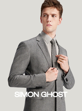 SIMON GHOST休闲西装男套装意大利进口VBC面料灰色条纹西服套装男