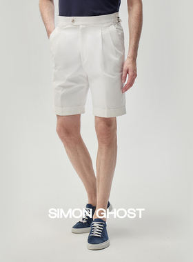 SIMON GHOST男士直筒短裤夏季休闲巴黎扣黑色白色纯棉那不勒斯裤
