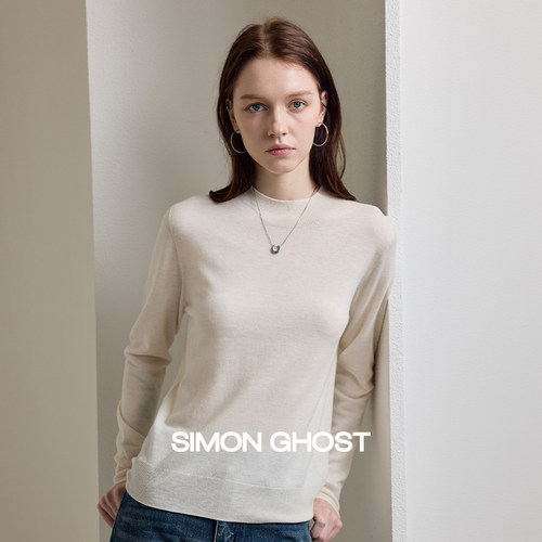 SIMON GHOST 女士羊毛衫秋季针织绵羊毛休闲粉色驼色圆领上衣毛衫