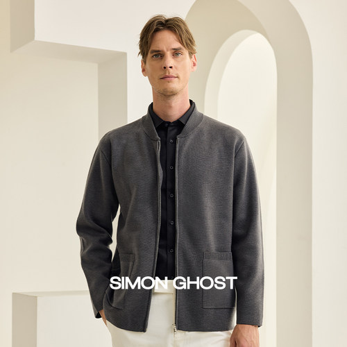 SIMON GHOST 男士羊毛衫秋季针织绵羊毛休闲深灰色拉链上衣毛衫