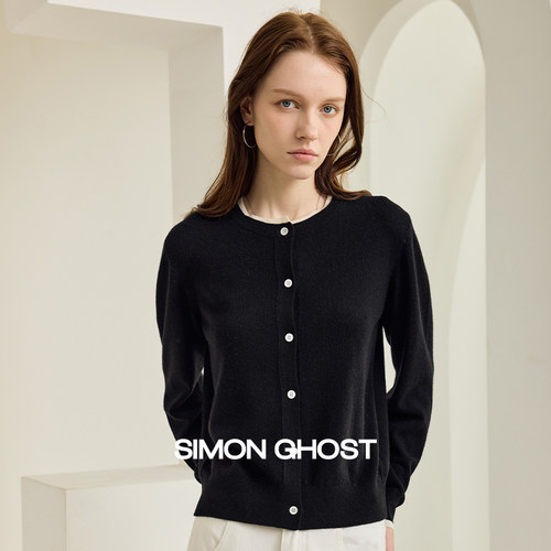 SIMON GHOST 女士羊毛衫秋季针织绵羊毛休闲黑色驼色开衫上衣毛衫