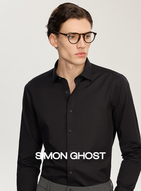 SIMON GHOST免烫男士长袖衬衫休闲商务纯棉修身黑色高级感衬衣男