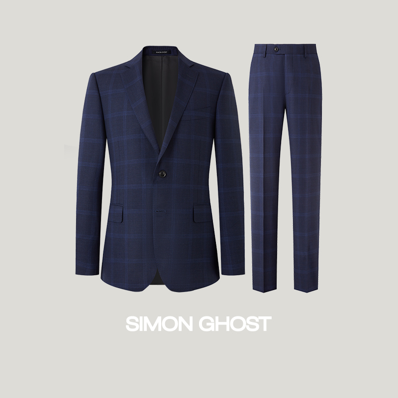 SIMON GHOST新款西装男蓝色格纹160支纯羊毛商务西服套装高纱支