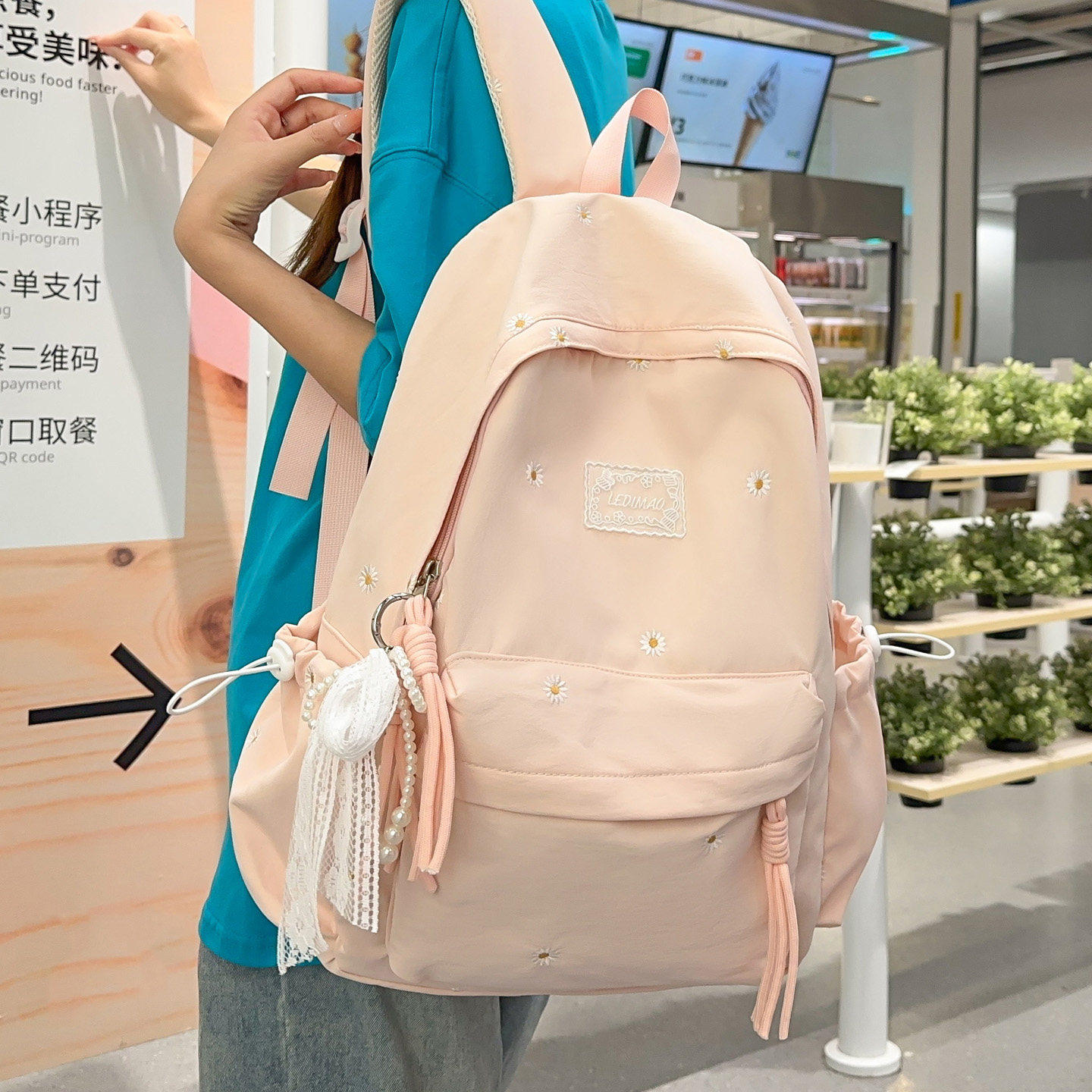 少女心软妹小花刺绣双肩包女生纯色百搭中学生高中生书包旅游背包