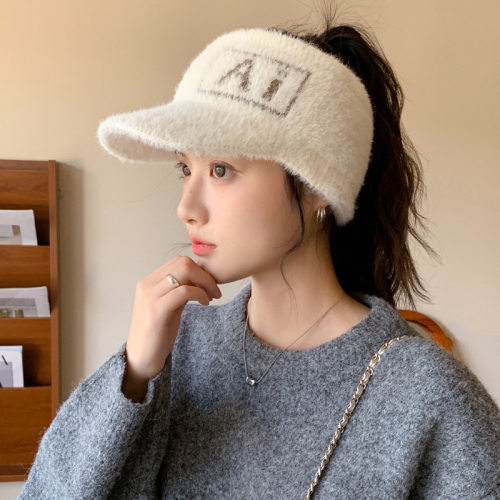 纯色百搭字母标加绒兔毛保暖鸭舌帽韩版秋冬帽子女款显脸小空顶帽