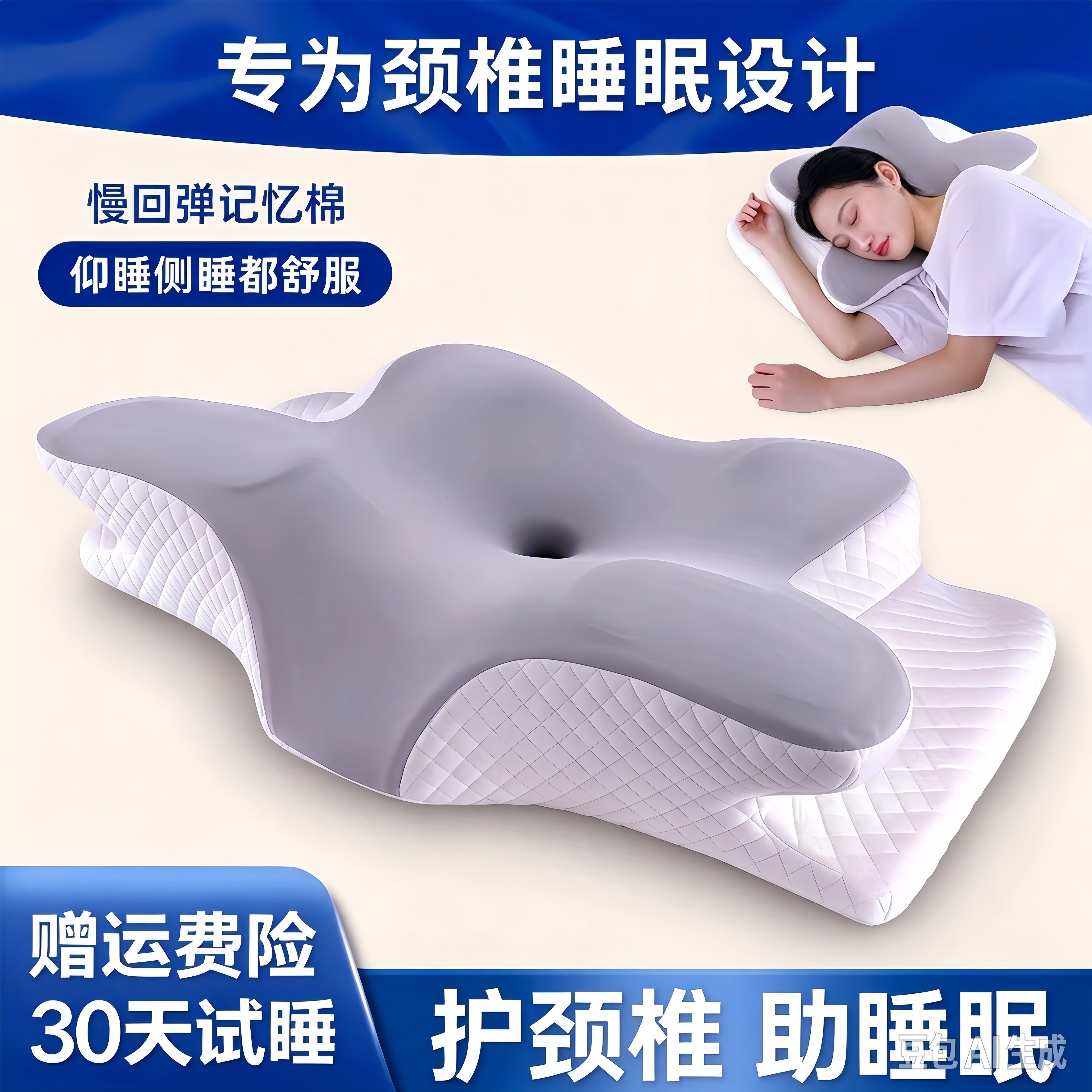 蝶形慢回弹枕助眠记忆棉颈椎枕人体工学防打呼噜助睡眠蝴蝶枕枕头