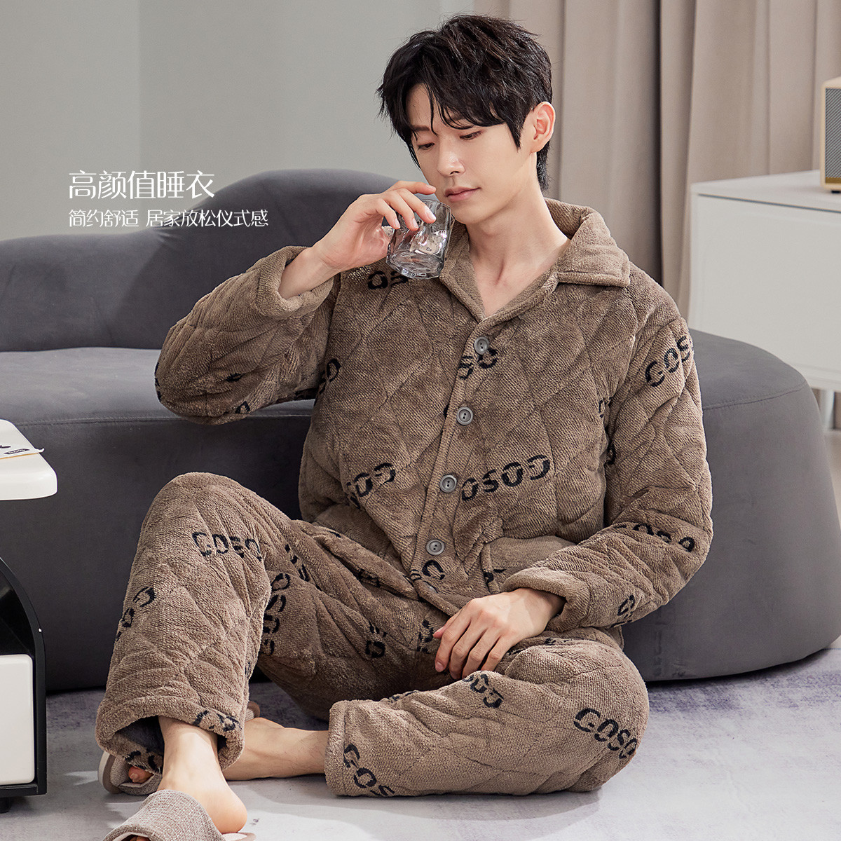 香蜜闺秀24424001男士冬季三层夹棉加厚家居服套装防风睡衣可外穿