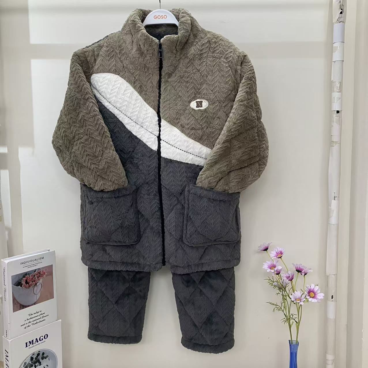 香蜜闺秀25424054冬季男士拉链款三层夹棉加厚家居服套装可外穿