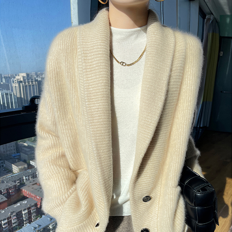100%纯羊毛开衫女西装翻领加厚长袖外套宽松慵懒风带兜羊绒衫上衣