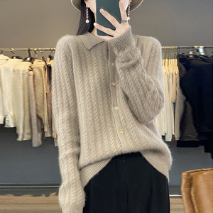 2023秋冬新款POLO领100%纯羊绒开衫女宽松麻花翻领毛衣长袖外套潮