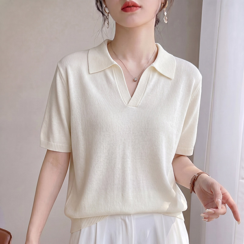 法式POLO领亚麻短袖针织T恤女