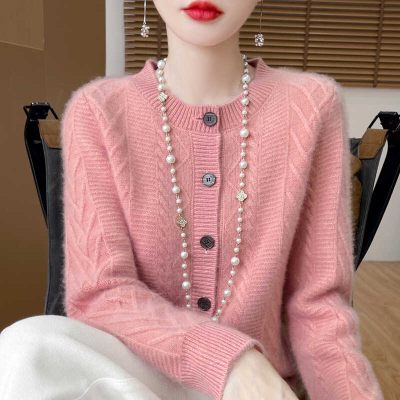 100%纯羊毛开衫女圆领绞花毛衣