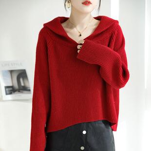 秋冬高级感精纺羊毛毛衣女红色宽松套头V领百搭针织衫时尚上衣