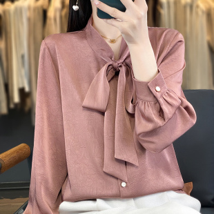 真丝飘带蝴蝶结衬衫纯色打底衫女士内搭春秋款上衣桑蚕丝长袖衬衣