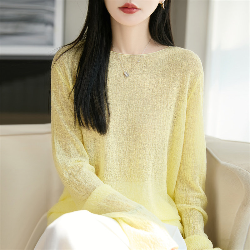 天丝云朵亚麻一字圆领针织镂空罩衫女士夏季轻薄网衫宽松防晒上衣