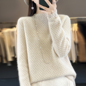 秋冬100%纯羊绒衫女半高领重工镂空钩花长袖毛衣宽松羊毛针织打底