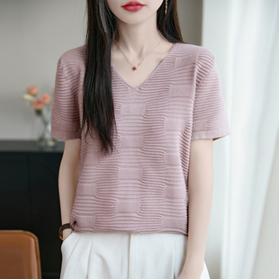 宽松抗条百搭t恤上衣 纯棉线V领纯色提花针织短袖 女25夏季 新款 薄款