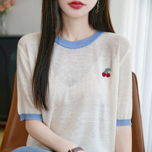 T恤 25夏季 新款 圆领精纺羊毛樱桃短袖 女撞色宽松显瘦上衣休闲薄款