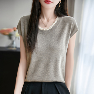 宽松百搭打底衫 25年夏季 女纯色薄款 新款 圆领蕾丝精纺羊毛针织短袖