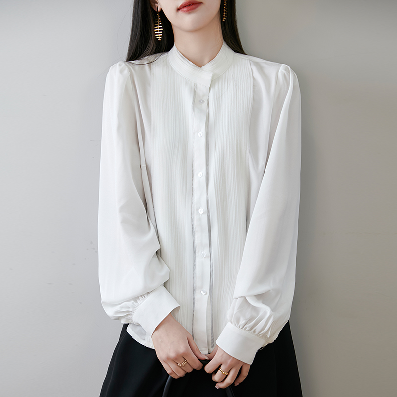 立领真丝风琴褶灯笼袖上衣女衬衣