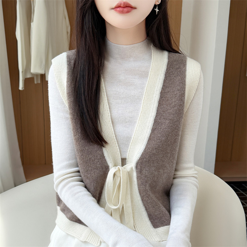 100%羊毛V领系带短款马甲女