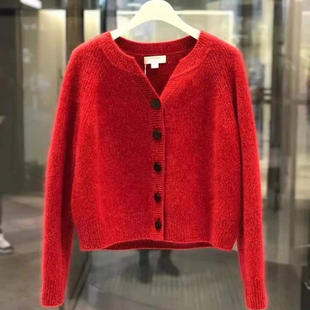 中国红秋冬新款 外套毛衣上衣潮 100%纯羊毛衫 女圆领宽松针织开衫