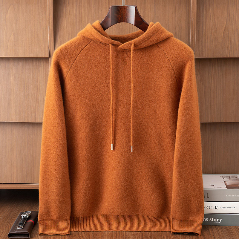 2025年秋冬新款连帽山羊绒针织衫男士宽松百搭纯色羊毛打底衫上衣