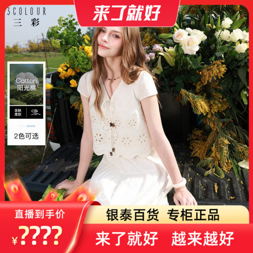 【来了就好】小樱花连衣裙三彩夏季纯棉绣花短袖V领A字裙长裙M