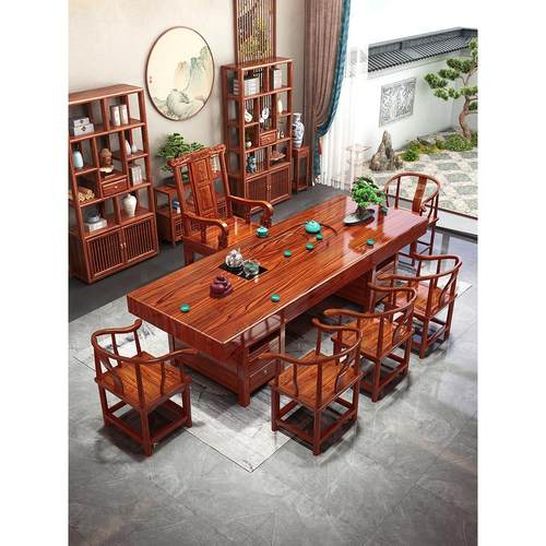 新型实木大板茶几，一桌五椅，新型中式客厅家庭办公功夫禅茶几