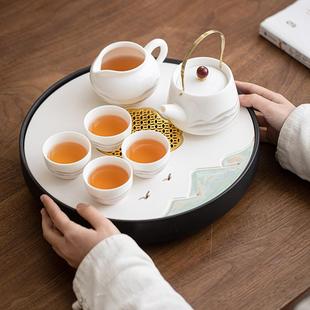 圆形全陶瓷茶盘家用蓄水功夫茶具托盘小型茶海茶台沥水干泡 新中式