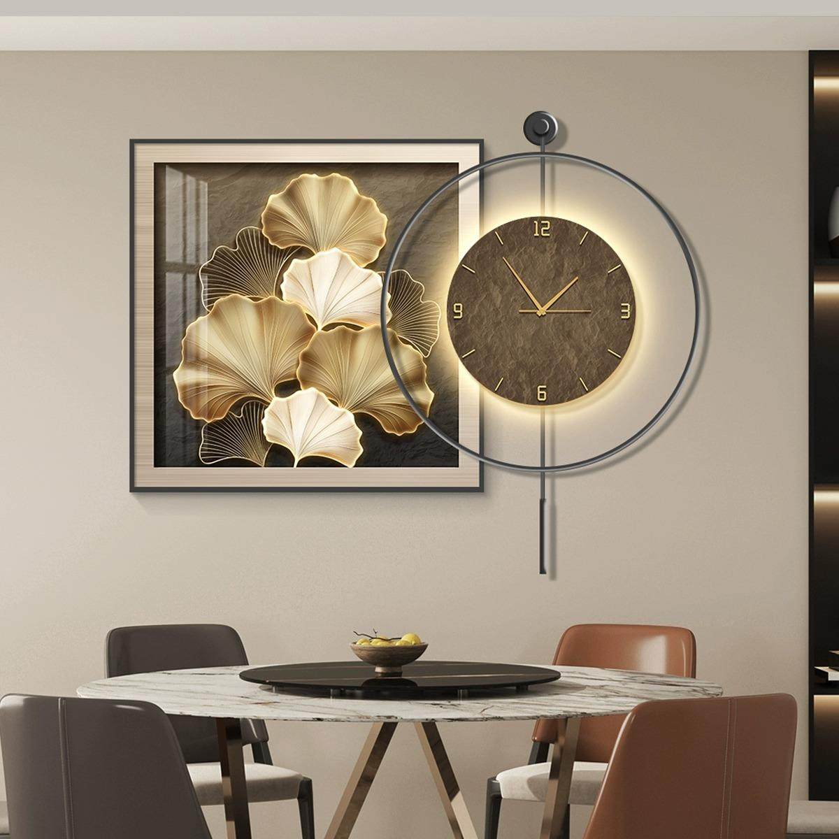 轻奢led带灯饭厅装饰画简约现代餐桌背景墙挂画壁画高级感带钟表
