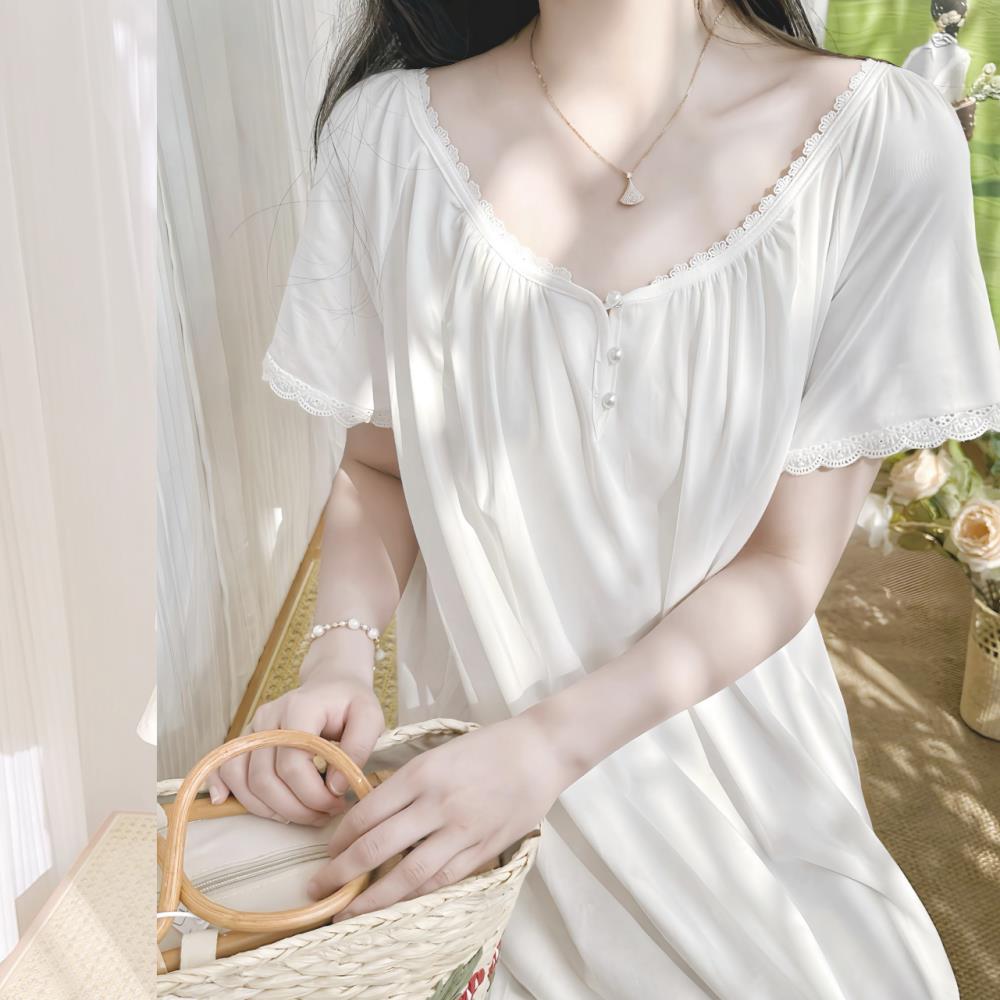 纯棉夏季女款短袖睡裙法式公主风甜美蕾丝夏天纯欲风睡衣新款宽松