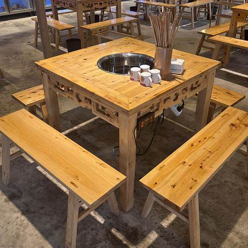 实木大理石岩板火锅桌饭店桌椅组合火锅桌子电磁炉一体无烟家商用