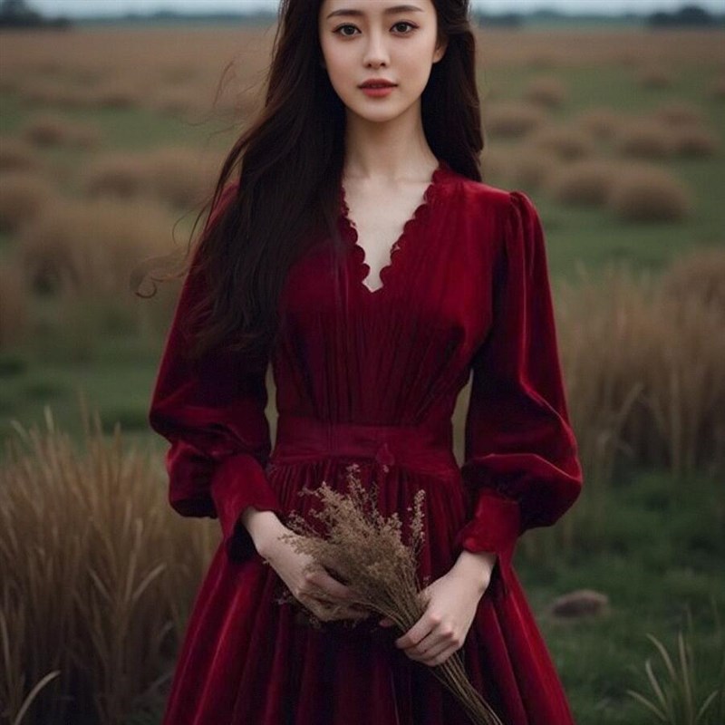 速发秋可红色丝绒长袖法式高级感礼服衣娘结婚敬酒服连新裙平时冬
