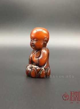 速发牦牛角莲花童子小和尚挂件牛角手把件小摆件古玩文玩角雕仿古