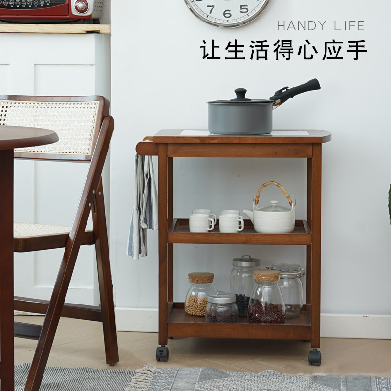 速发实木餐车三层茶水车移动餐边小推车家用厨房置物架餐厅酒水蛋