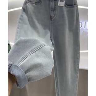 速发浅蓝古哈伦牛仔裤春秋高腰梨形身材直裤复色九分筒裤
