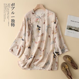 速发新中斜蝴蝶印花春秋款大码轻国襟改良禅意式风系带旗袍上衣