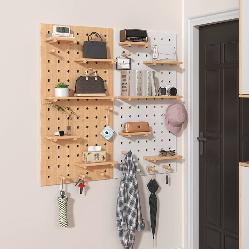 速发实木洞饰板墙上置物架挂板装洞隔板置物木收纳架墙面架质书架