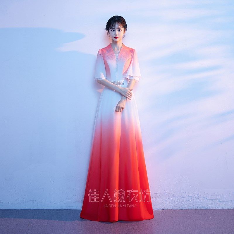 速发大合唱团演出服长裙舞色古筝服朗诵中式主持成人红台比赛礼服