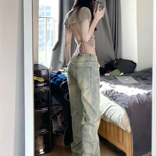 速发加绒加厚牛仔裤直冬大码秋染黄泥裤高腰宽松阔腿扎筒裤长裤