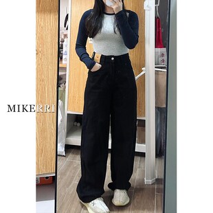 速发黑色阔腿牛仔裤高腰大秋新款春码宽松梨形身材直筒裤子