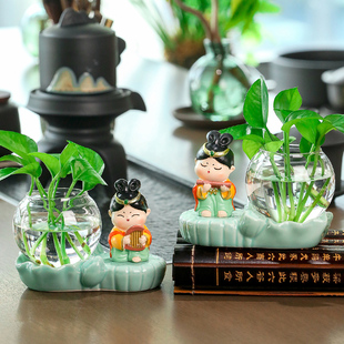 速发面煌飞天圆小唐客厅装 饰桌敦小摆件花瓶插花水养绿萝水培器皿