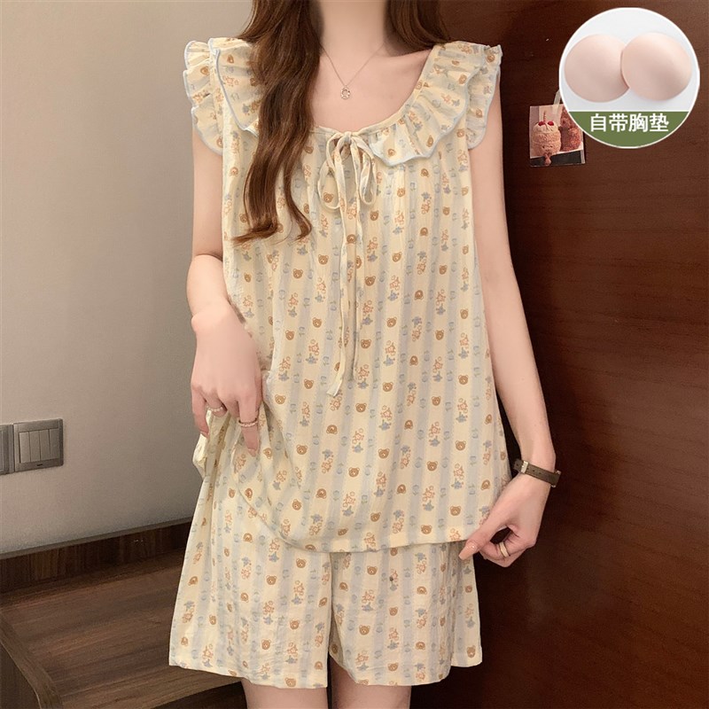 速发睡衣款夏季2025新款带胸垫一体甜美波点夏天吊带短裤家居服套