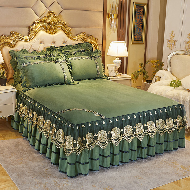 速发秋冬绒单绒保暖加厚蕾丝床罩法莱珊瑚件床裙式防滑短毛绒床盖