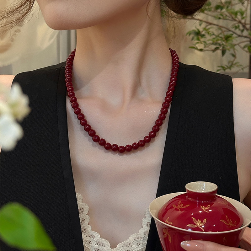 安可拉红色仿珍珠项链女2025新款
