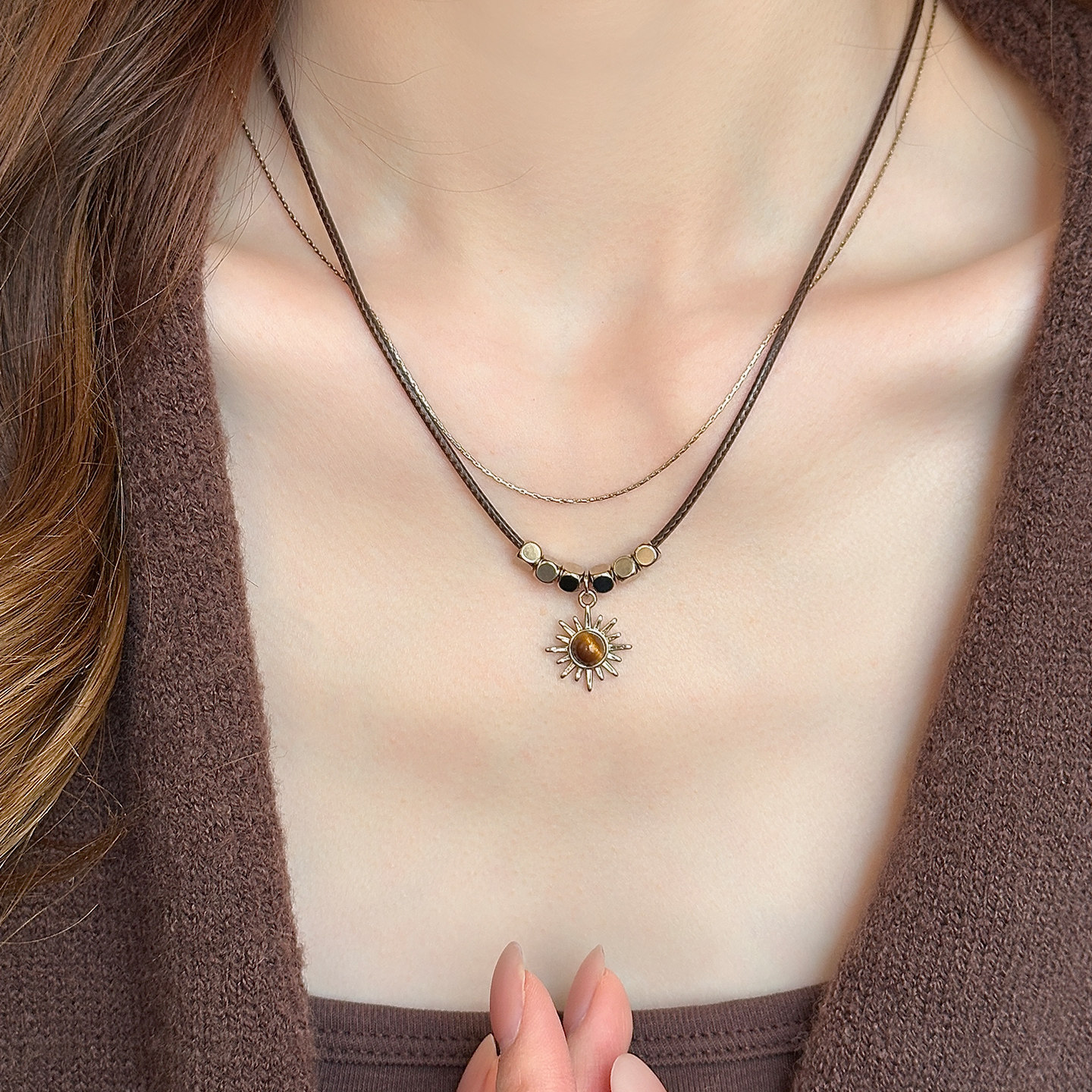 复古轻奢虎眼石吊坠双层项链女2025新款爆款秋冬美拉德毛衣链颈链,饰品/流行首饰/时尚饰品新,项链,淘宝优惠券,粉丝福利购,淘宝优惠卷